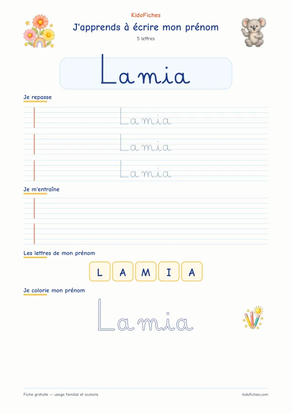 Aperçu de la fiche prénom Lamia en écriture cursive
