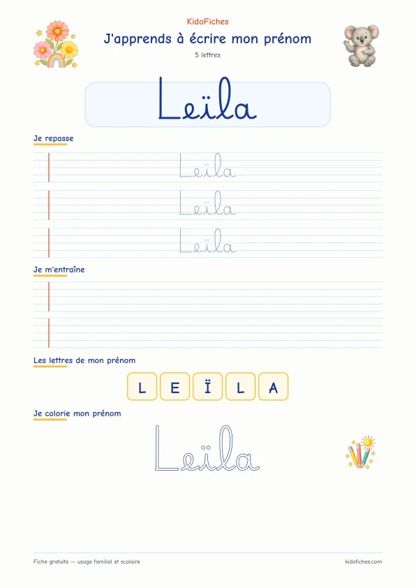 Aperçu de la fiche prénom Leïla en écriture cursive