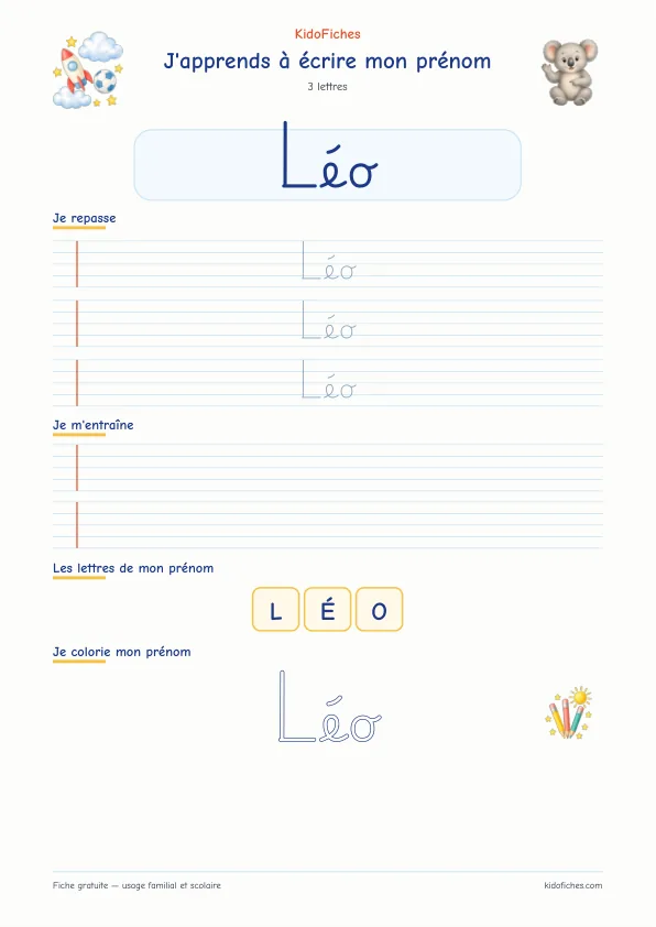 Aperçu de la fiche prénom Léo en écriture cursive