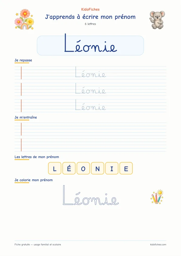 Aperçu de la fiche prénom Léonie en écriture cursive