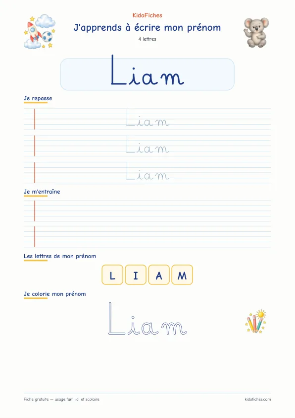 Aperçu de la fiche prénom Liam en écriture cursive