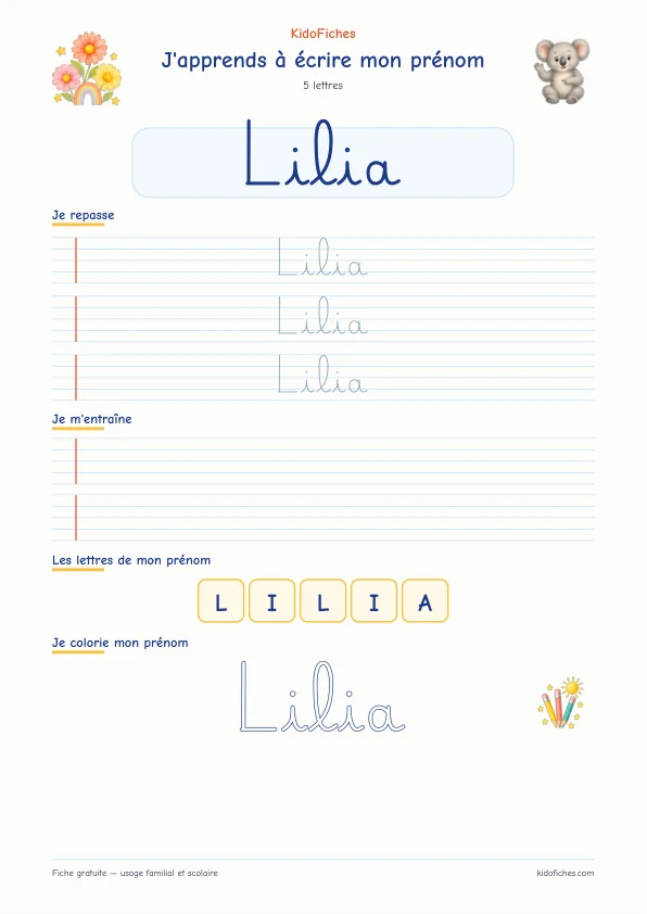 Aperçu de la fiche prénom Lilia en écriture cursive