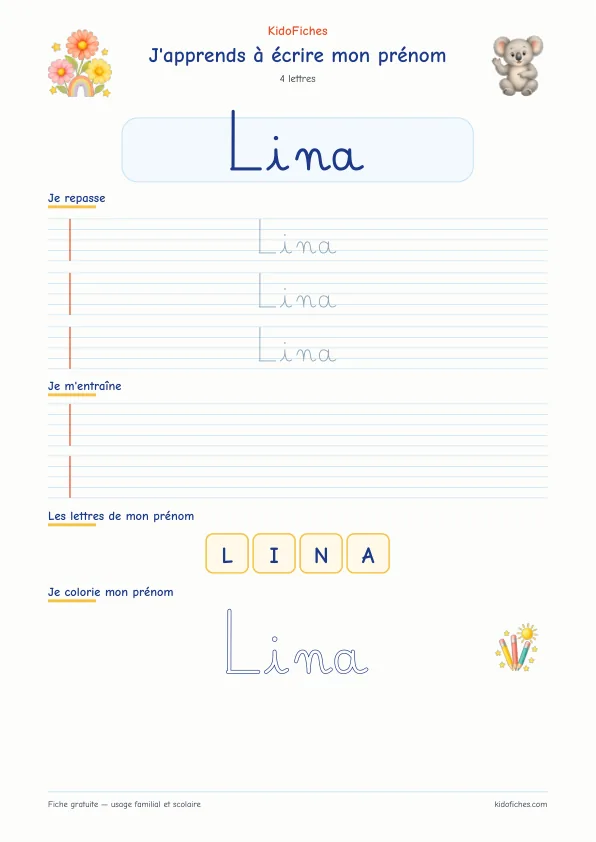 Aperçu de la fiche prénom Lina en écriture cursive