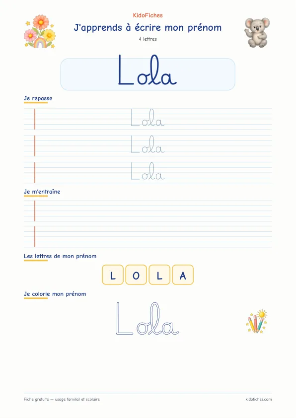 Aperçu de la fiche prénom Lola en écriture cursive