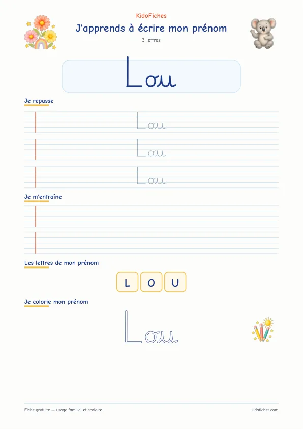 Aperçu de la fiche prénom Lou en écriture cursive
