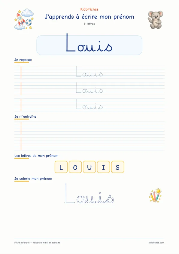 Aperçu de la fiche prénom Louis en écriture cursive