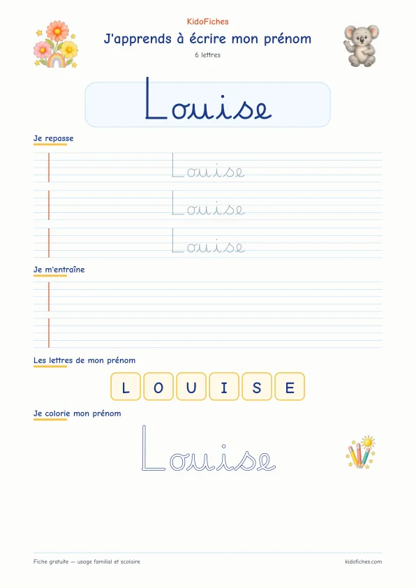 Aperçu de la fiche prénom Louise en écriture cursive
