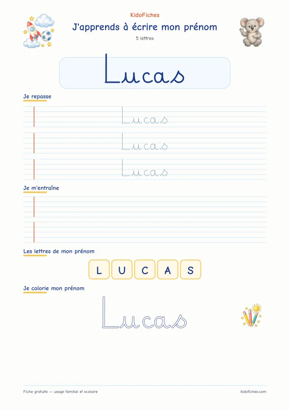 Aperçu de la fiche prénom Lucas en écriture cursive
