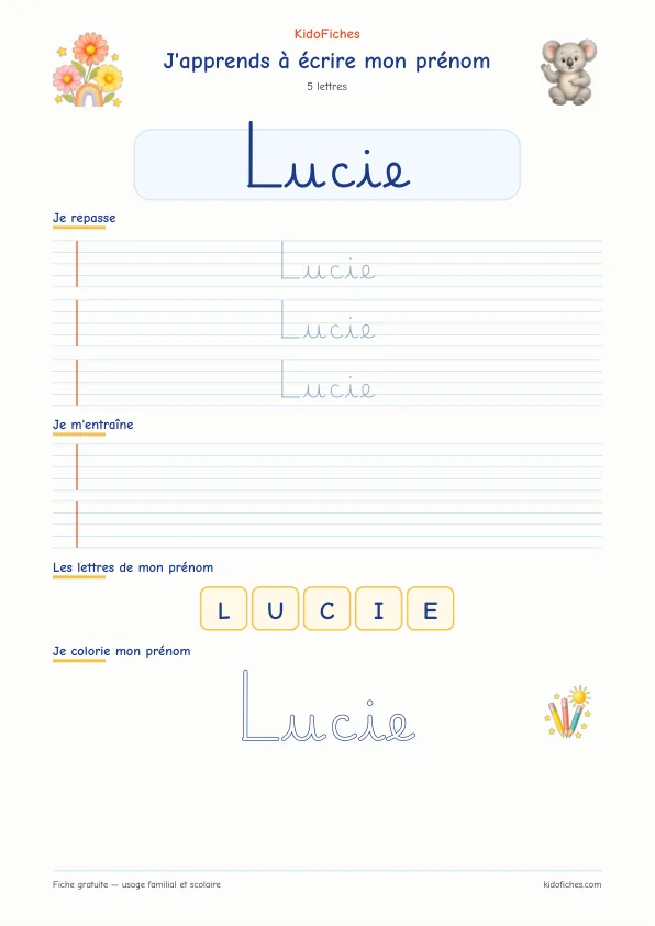 Aperçu de la fiche prénom Lucie en écriture cursive