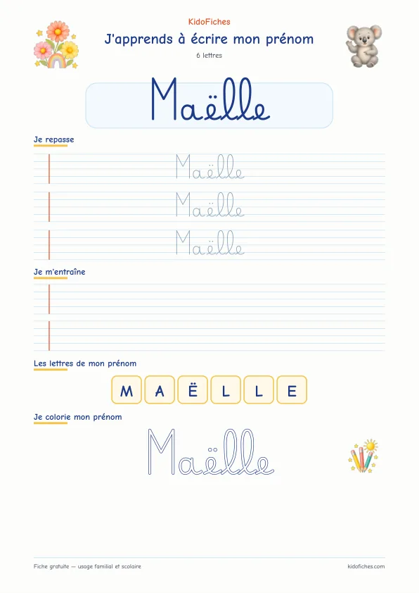 Aperçu de la fiche prénom Maëlle en écriture cursive
