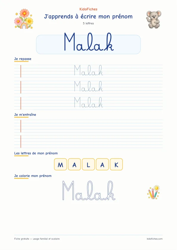 Aperçu de la fiche prénom Malak en écriture cursive