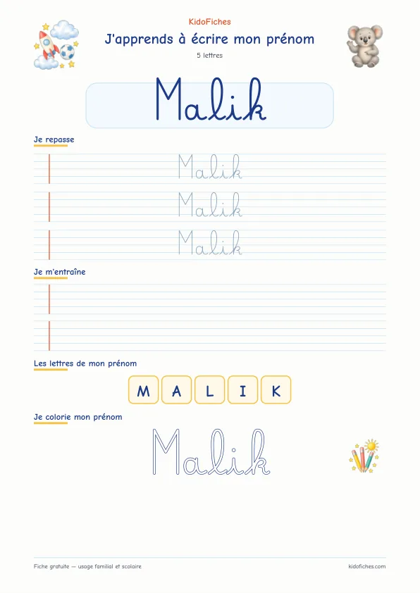 Aperçu de la fiche prénom Malik en écriture cursive