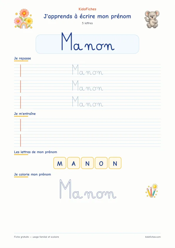 Aperçu de la fiche prénom Manon en écriture cursive