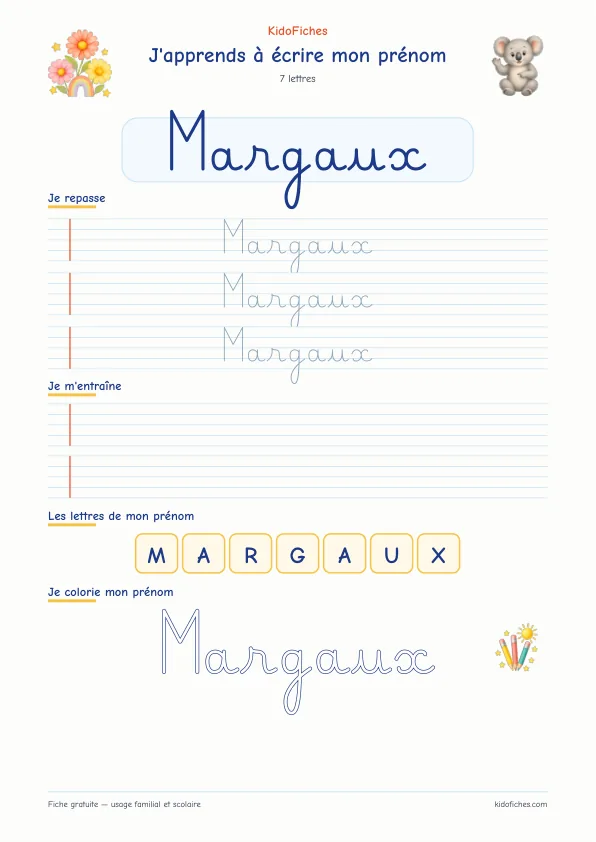 Aperçu de la fiche prénom Margaux en écriture cursive