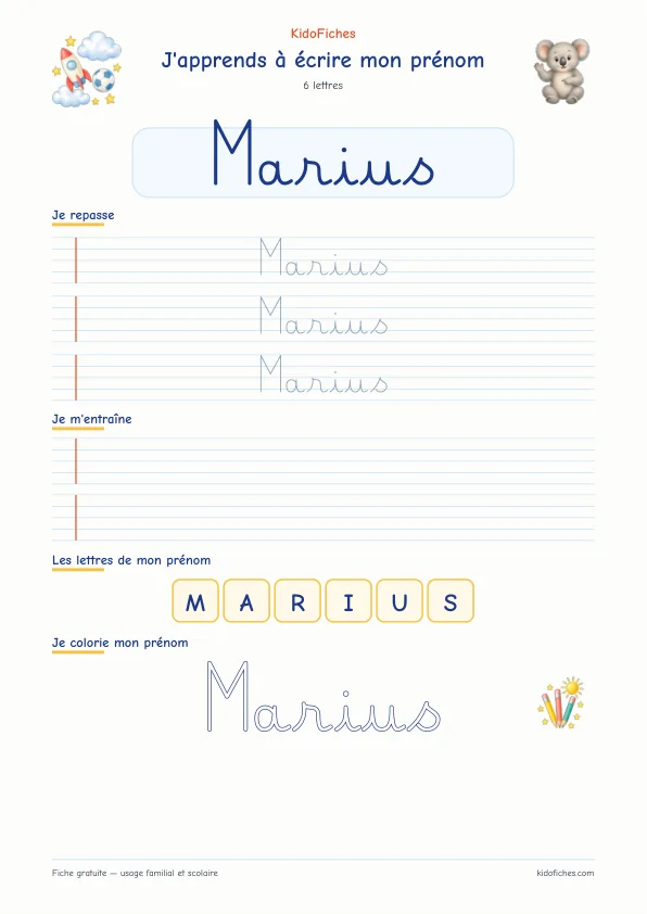 Aperçu de la fiche prénom Marius en écriture cursive