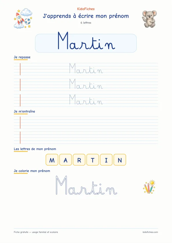 Aperçu de la fiche prénom Martin en écriture cursive