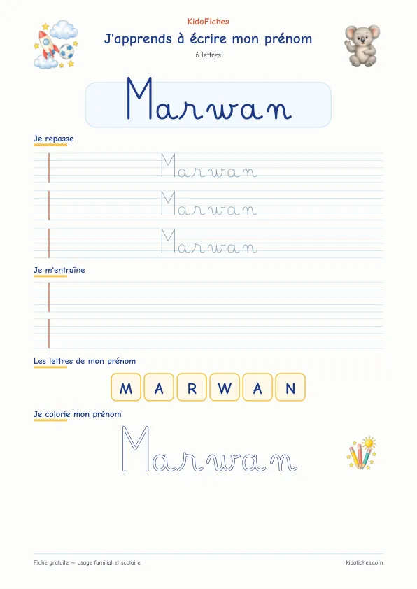 Aperçu de la fiche prénom Marwan en écriture cursive