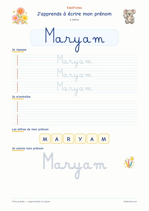 Aperçu de la fiche prénom Maryam en écriture cursive