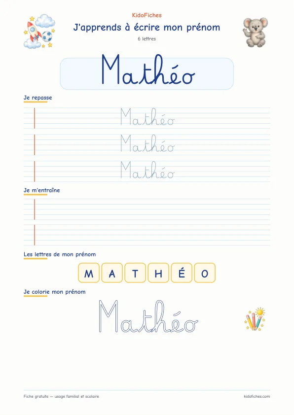 Aperçu de la fiche prénom Mathéo en écriture cursive
