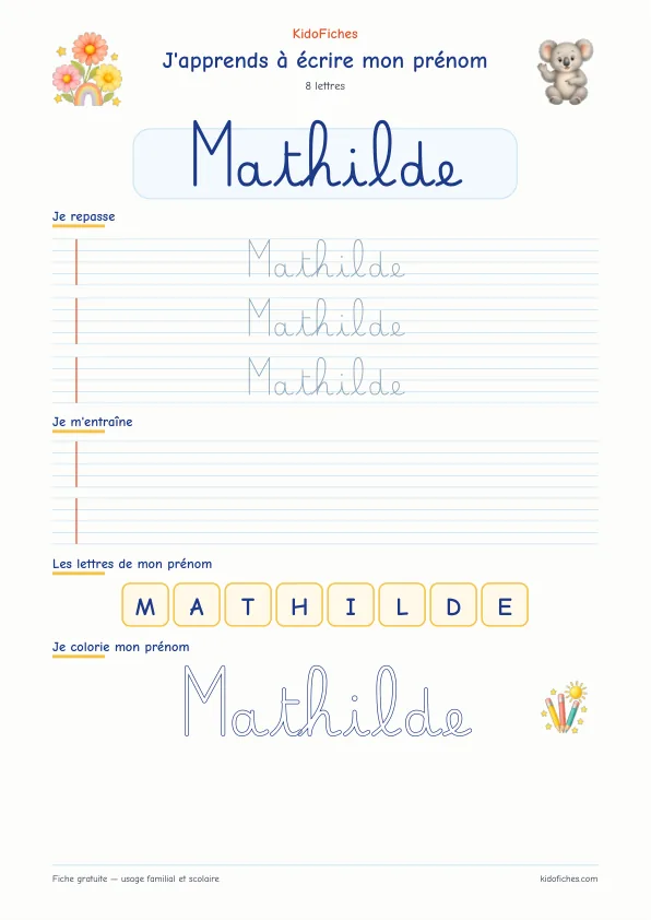 Aperçu de la fiche prénom Mathilde en écriture cursive