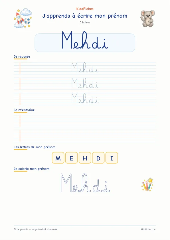 Aperçu de la fiche prénom Mehdi en écriture cursive