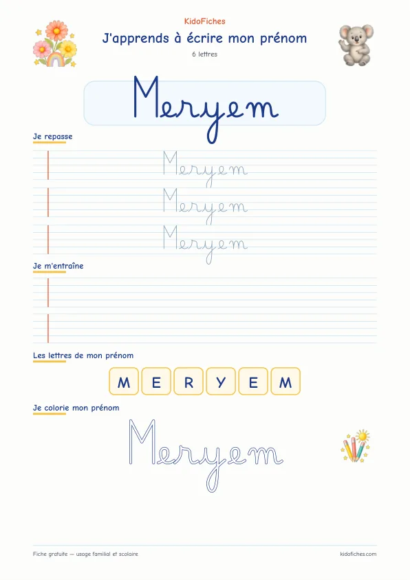 Aperçu de la fiche prénom Meryem en écriture cursive