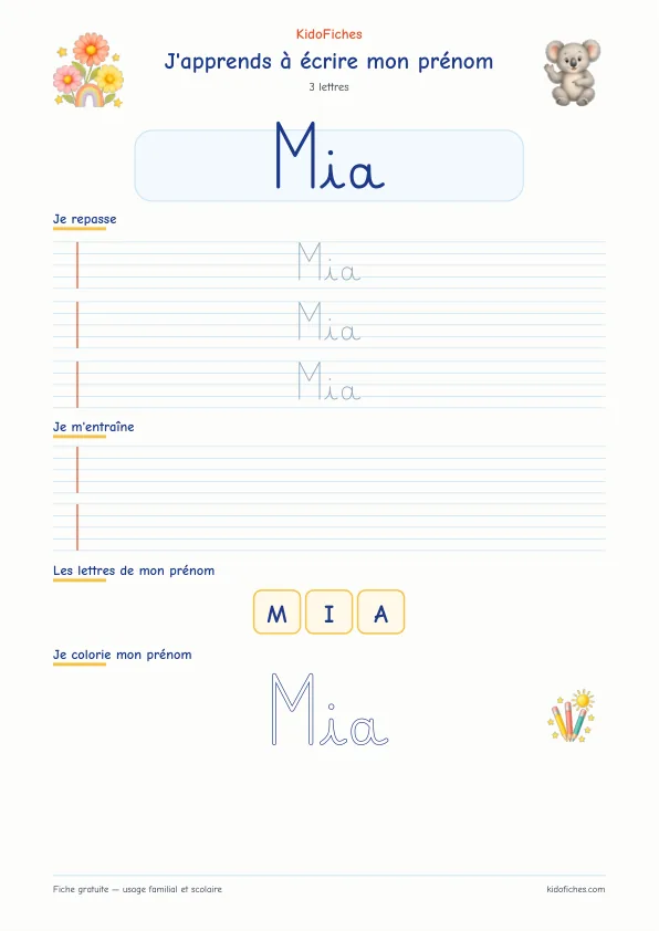 Aperçu de la fiche prénom Mia en écriture cursive
