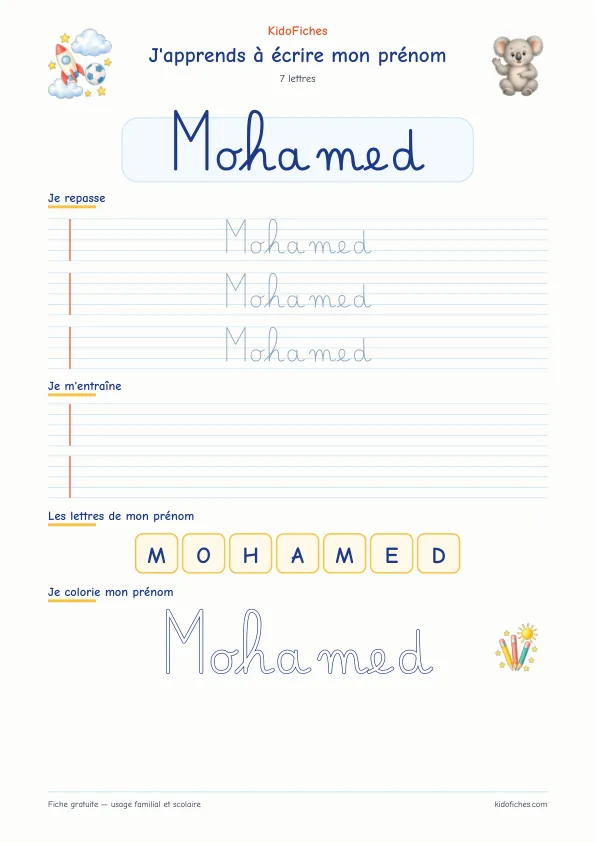 Aperçu de la fiche prénom Mohamed en écriture cursive