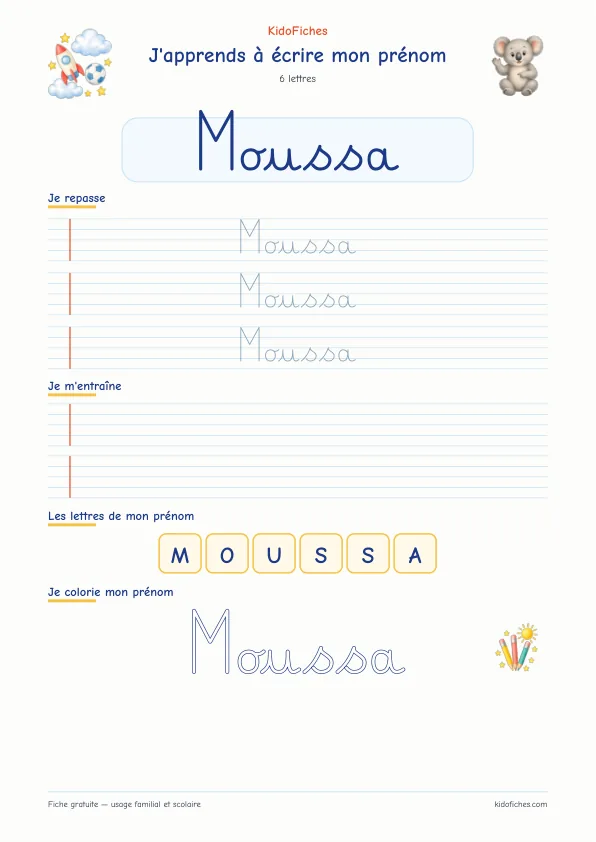 Aperçu de la fiche prénom Moussa en écriture cursive