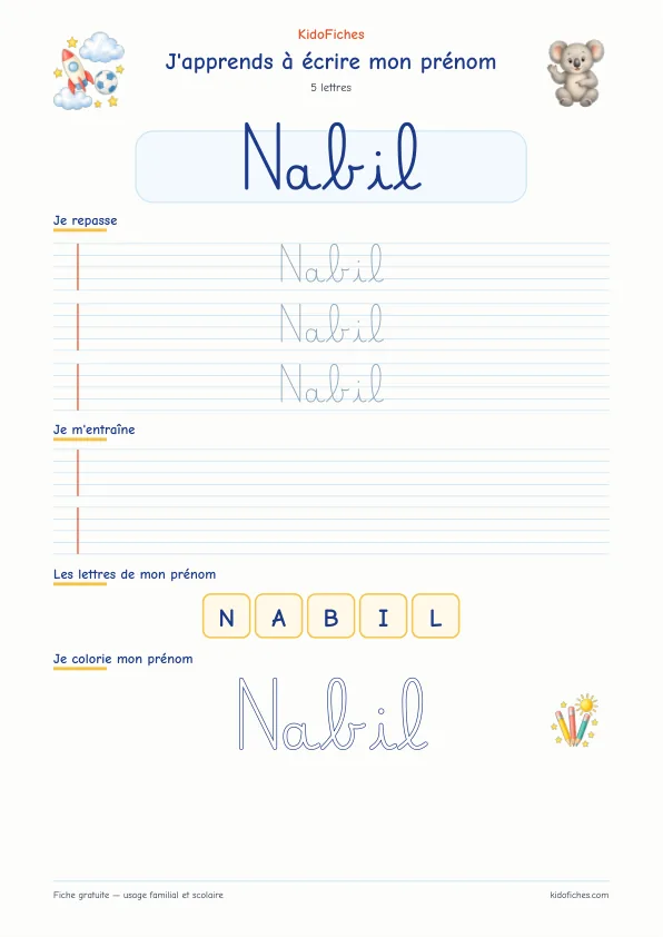 Aperçu de la fiche prénom Nabil en écriture cursive