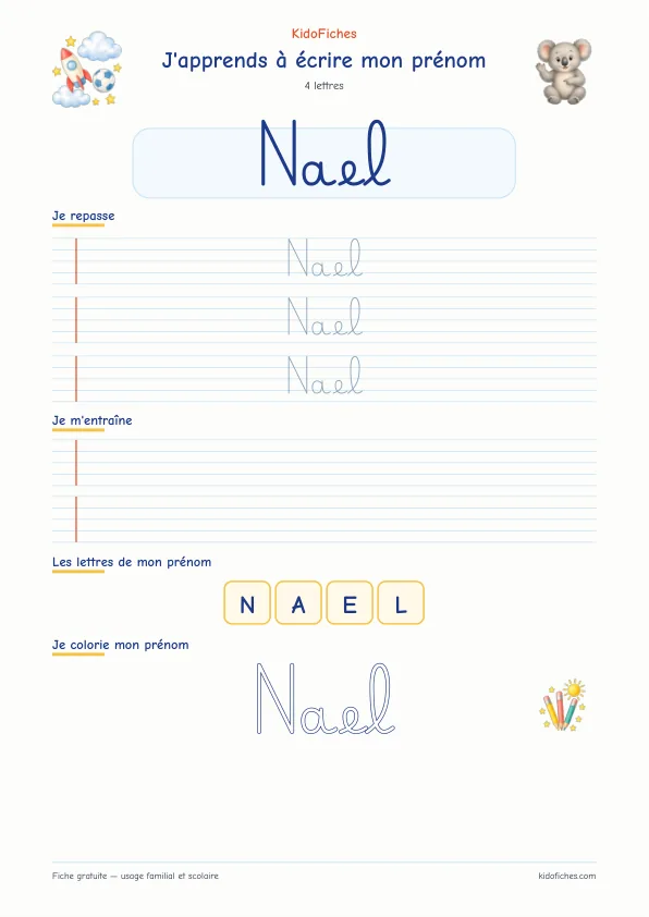 Aperçu de la fiche prénom Nael en écriture cursive