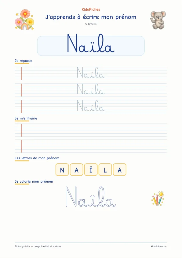 Aperçu de la fiche prénom Naïla en écriture cursive