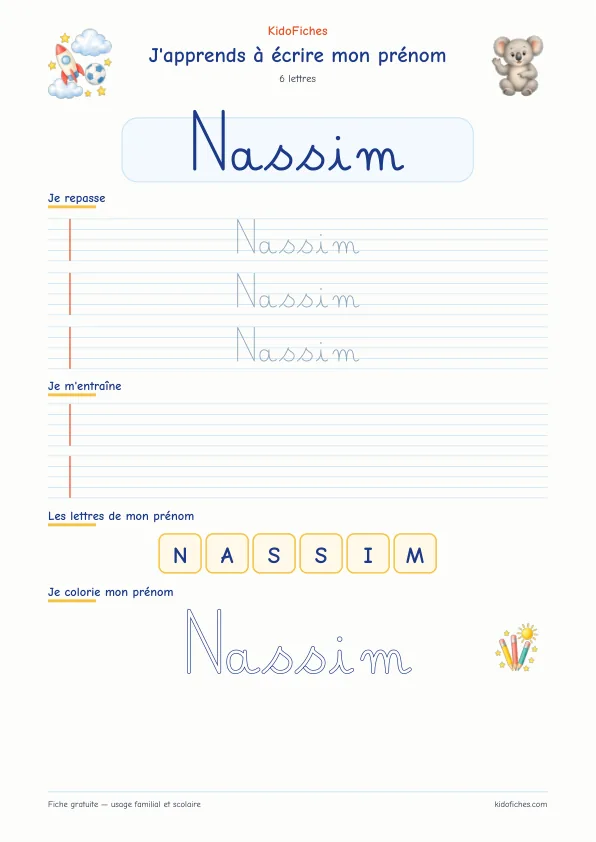 Aperçu de la fiche prénom Nassim en écriture cursive
