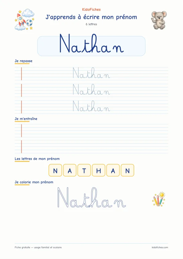Aperçu de la fiche prénom Nathan en écriture cursive