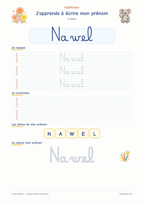 Aperçu de la fiche prénom Nawel en écriture cursive