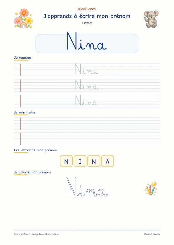 Aperçu de la fiche prénom Nina en écriture cursive