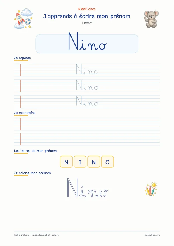 Aperçu de la fiche prénom Nino en écriture cursive