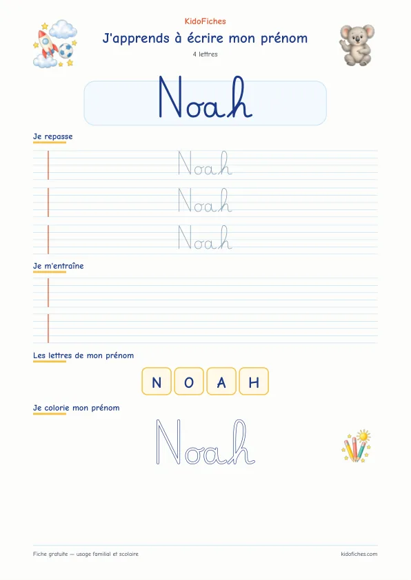 Aperçu de la fiche prénom Noah en écriture cursive
