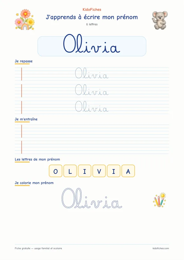 Aperçu de la fiche prénom Olivia en écriture cursive