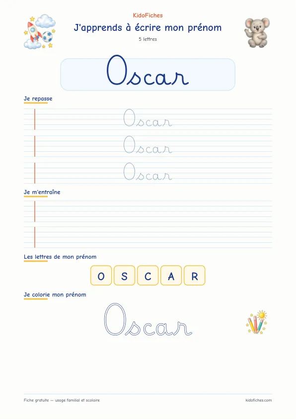 Aperçu de la fiche prénom Oscar en écriture cursive