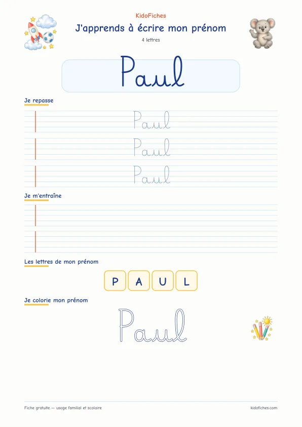 Aperçu de la fiche prénom Paul en écriture cursive
