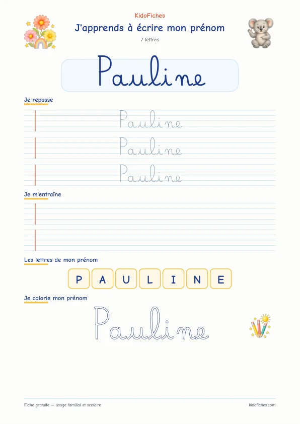 Aperçu de la fiche prénom Pauline en écriture cursive