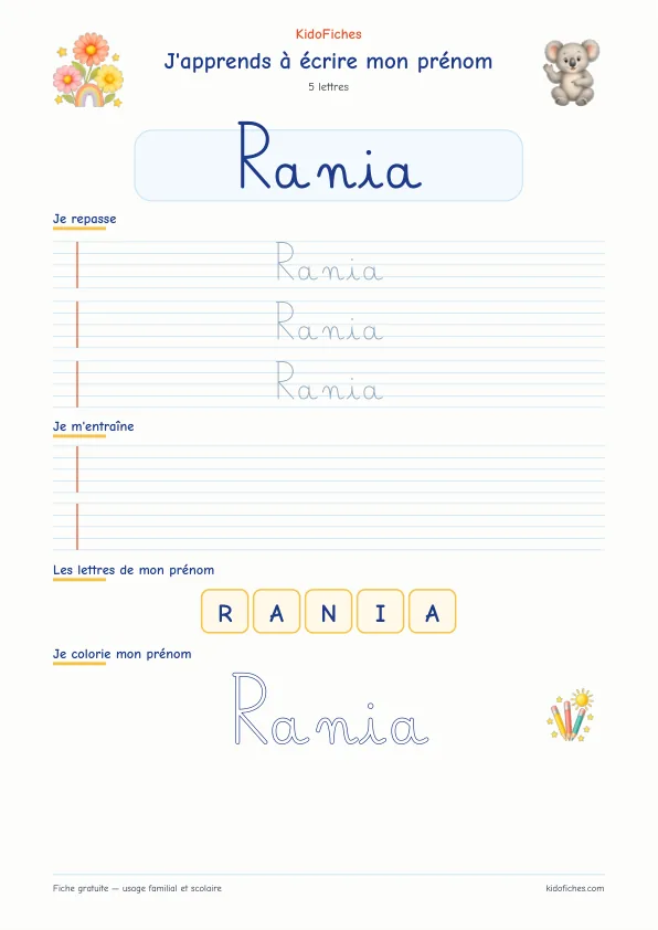 Aperçu de la fiche prénom Rania en écriture cursive