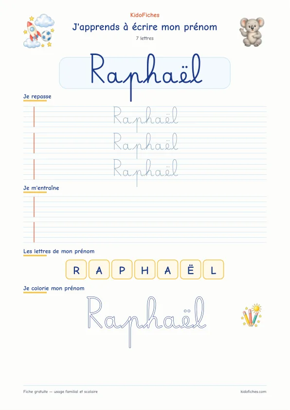 Aperçu de la fiche prénom Raphaël en écriture cursive