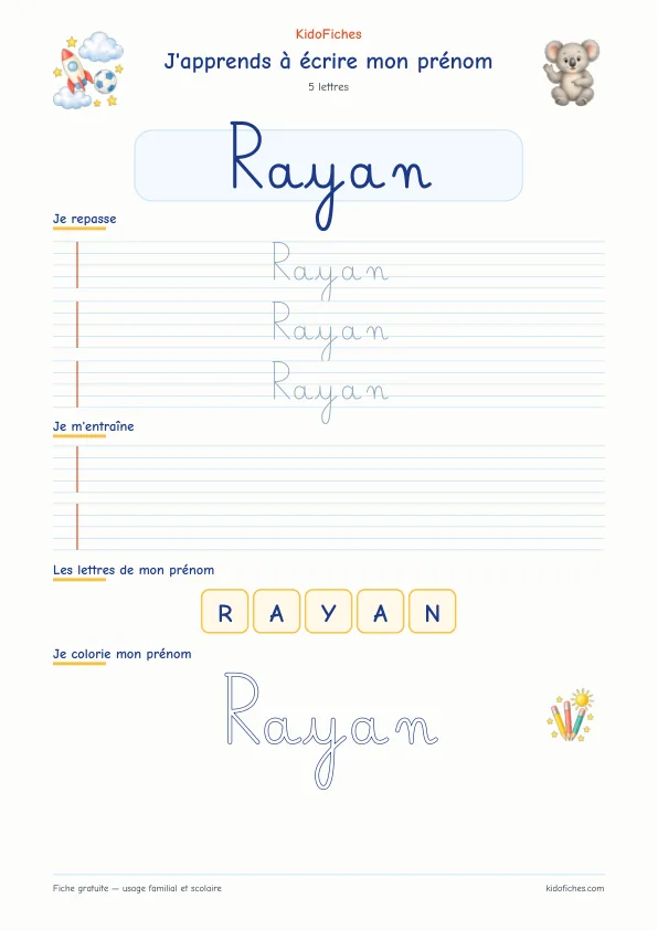 Aperçu de la fiche prénom Rayan en écriture cursive