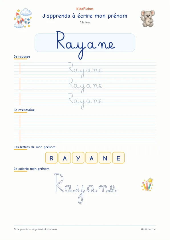 Aperçu de la fiche prénom Rayane en écriture cursive