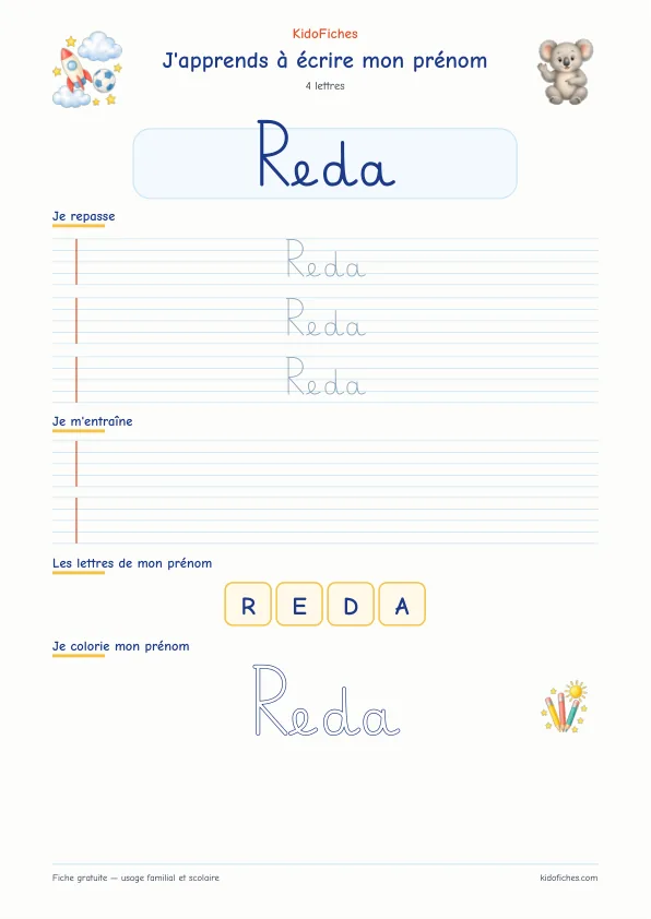 Aperçu de la fiche prénom Reda en écriture cursive