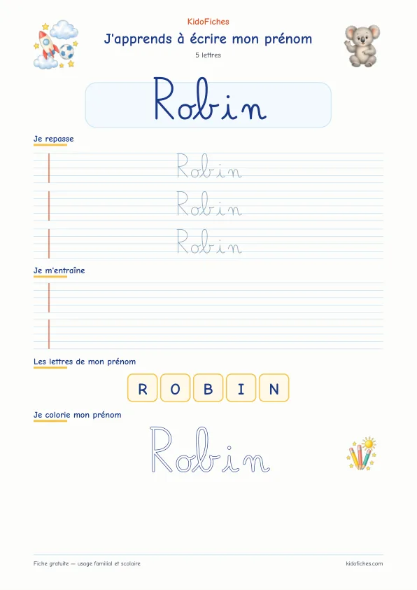 Aperçu de la fiche prénom Robin en écriture cursive