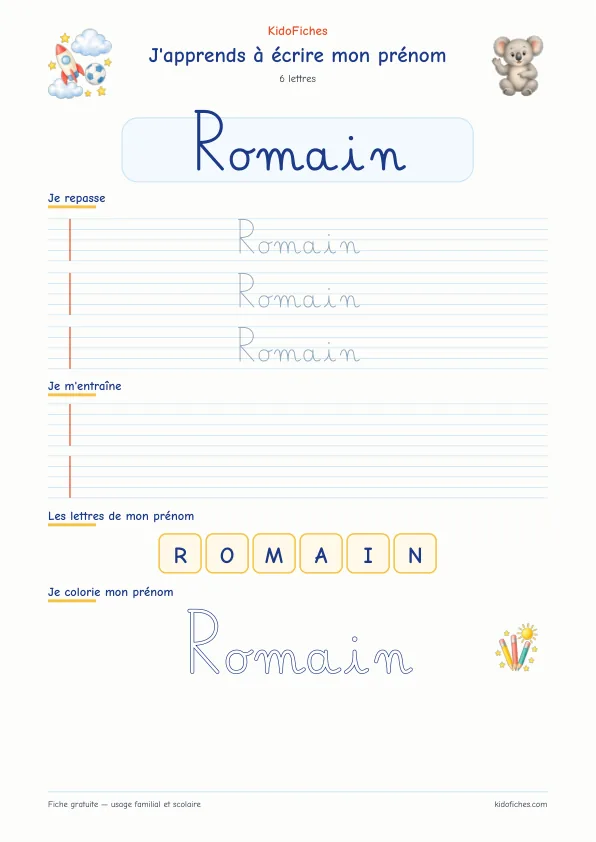 Aperçu de la fiche prénom Romain en écriture cursive