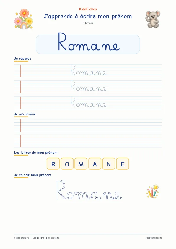 Aperçu de la fiche prénom Romane en écriture cursive